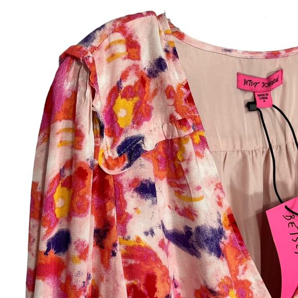 Betsey Johnson Dress Sunset Floral Wrap Pink Purple Ruffle Nwt $99 Sz 4 - Picture 5 of 15